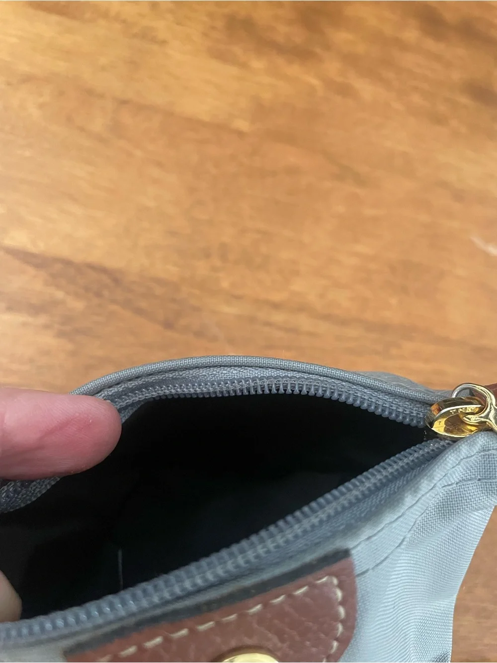 Longchamp Small Gray Pouch with Brown Leather Trim